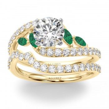 Swirl Design Lab Grown Diamond & Marquise Lab Emerald Bridal Ring Set 14K Yellow Gold (0.96ct)